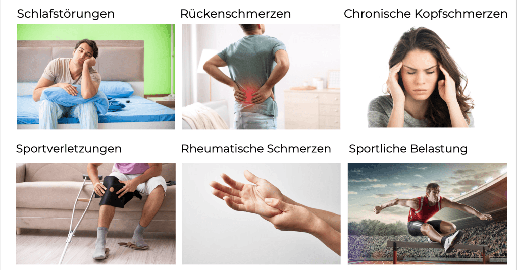 Linderung von Rückenschmerzen, Chronischen Kopfschmerzen, rheumatische Schmerzen, Schlafstörungen, Sportverletzungen