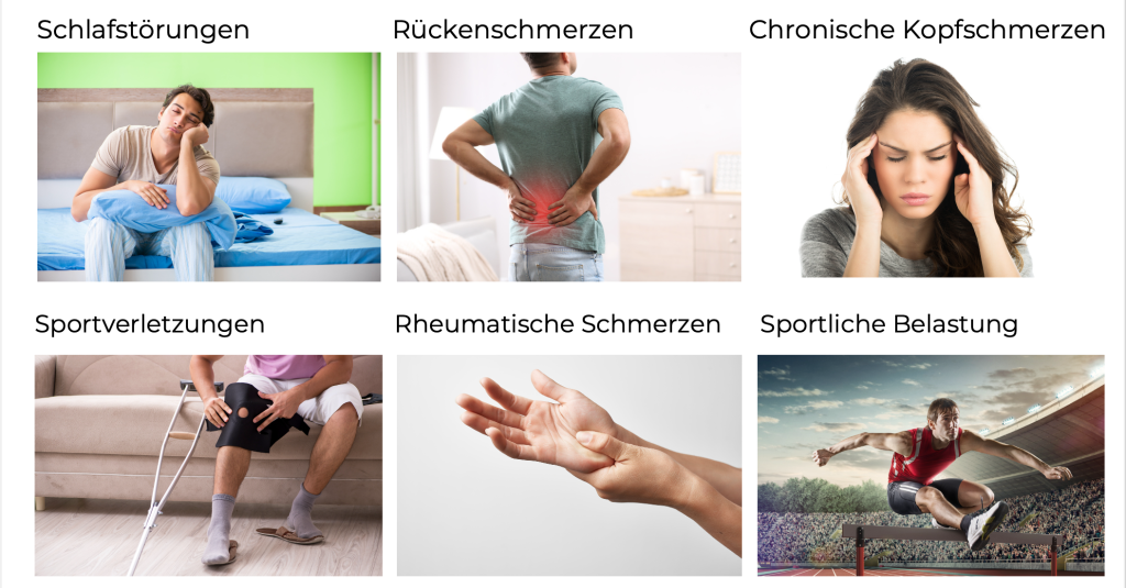 Linderung von Rückenschmerzen, Chronischen Kopfschmerzen, rheumatische Schmerzen, Schlafstörungen, Sportverletzungen